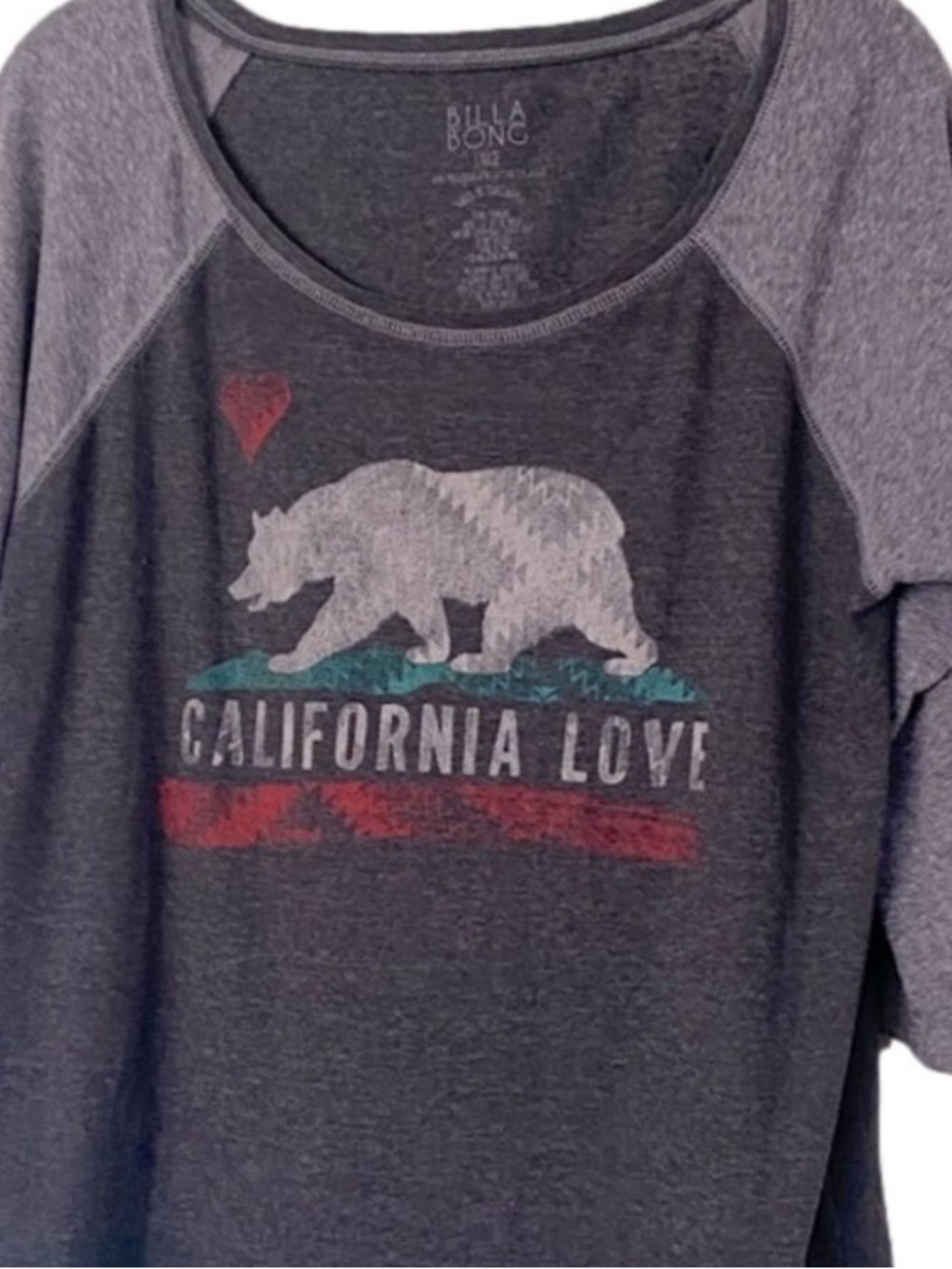 Billabong 3/4 Sleeve Bear Shirt California Love ❤️ Gray Teal Red White Size L